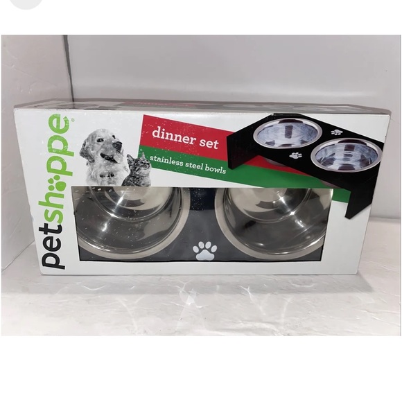 Petshoppe Pet Dinner Set Stainless Steel Bowls Elevated Black Wood Frame Dog Cat - Picture 5 of 7